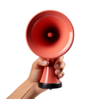 Red megaphone held firmly in a hand with a wide opening and a powerful speaker representing amplification communication and the commanding presence of a device used png