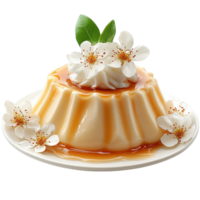 Caramel flan garnished with whipped cream and delicate flowers symbolizing creaminess indulgence and the perfect blend of rich flavors in a classic dessert png
