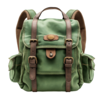 Green backpack with multiple pockets adjustable straps and a sturdy design representing adventure exploration and the practicality of carrying essentials in a stylish and durable travel companion png