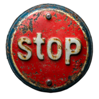 Round red stop sign with a weathered surface symbolizing caution awareness and the universal symbol that ensures safety and order on roads and pathways png