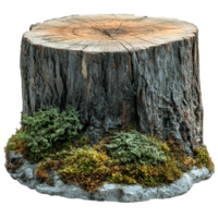 Tree stump with textured bark and sprouting moss representing the passage of time and renewal of life png