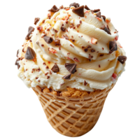 Ice cream cone with vanilla swirls chocolate shavings and a crispy waffle base representing indulgence delight and the rich creamy experience of a beloved frozen dessert savored in every season png