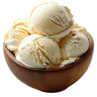 Scoops of vanilla ice cream in a wooden bowl with a soft creamy texture and a rich milky color representing simplicity pleasure and the classic taste of a beloved frozen dessert enjoyed worldwide png