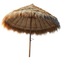 Thatched beach umbrella with a sturdy wooden pole symbolizing relaxation shade and the peaceful retreat found under cool shelter on a sunny tropical shore png