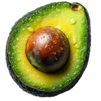Half avocado with seed and fresh water droplets symbolizing freshness vitality and the rich buttery taste of nutritious fruits used in diverse recipes png