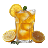 Tall glass of chilled iced lemon tea with golden liquid and floating citrus slices represents refreshment and the zesty burst of a cooling summer drink png
