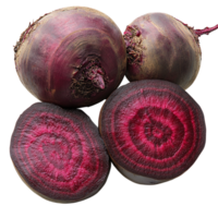 Deep red beets with rich earthy tones are sliced open to reveal intricate circular patterns in their fresh interiors png