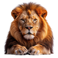 Majestic lion with a thick golden mane and piercing eyes gazes forward radiating power and regal authority png