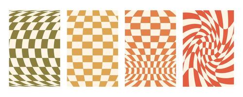 Groovy distorted checkered background set. Hand drawn groovy, hippie backgrounds. Distorted checker, warped streaks, fluid liquid wavy lines, doodle waves. Checkered rectangle templates collection. vector
