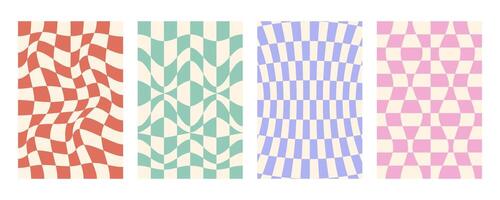 Groovy distorted checked background set. Hand drawn groovy, hippie backgrounds. Distorted checker, warped streaks, fluid liquid wavy lines, doodle waves. Checker rectangle templates collection. vector