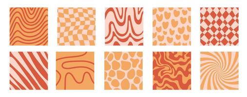 Groovy background set. Lines, waves, trippy grid, swirl print 1970s Hippie aesthetic. Twisted background. Retro psychedelic style vector