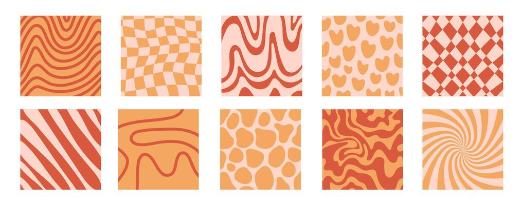 Groovy background set. Lines, waves, trippy grid, swirl print 1970s Hippie aesthetic. Twisted background. Retro psychedelic style