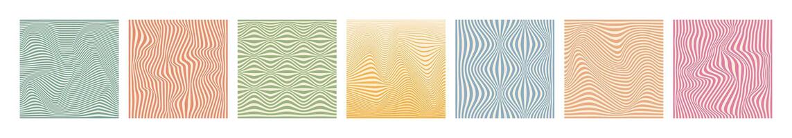 Distorted lines square background set. Groovy color lines abstract background. Trendy psychedelic retro style backdrop. Twisted distorted texture. Y2k aesthetic design vector
