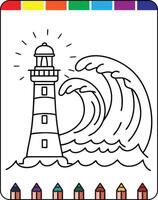 A coloring page with a lighthouse and waves vector