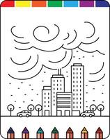 A coloring page with a city and a rainbow vector