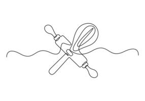 Whisk and rolling pin drawing in one continuous line. Graphic illustration vector