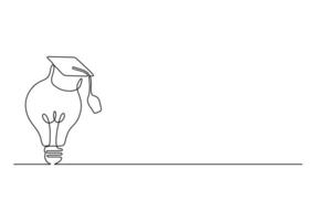 Continuous one line drawing of Light Bulb with Graduation Hat. Lightbulb lamp symbol of smart and innovation education and study style. Success knowledge concept. Graphic illustration vector