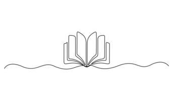 Single continuous line drawing of open book. Graphic illustration vector