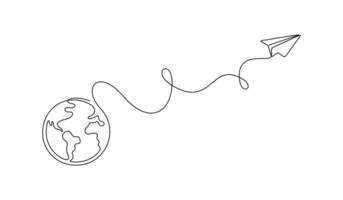 Continuous single line drawing of paper plane taking off from a map and flying symbol for travel or journey graphic illustration vector