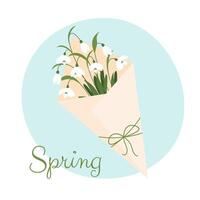 Snowdrops in craft envelope. Bouquet of snowdrops in flat style. illustration vector
