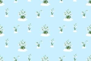 Delicate seamless pattern with snowdrops in the snow. Primrose. Flat style illustration for fabric, wrapping paper, cards, banners. illustration vector