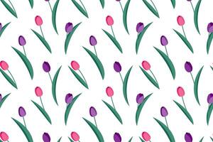 Spring colorful seamless pattern with pink and purple tulips. Flat style. Design for wrapping paper, cards, textile, fabric. illustration vector