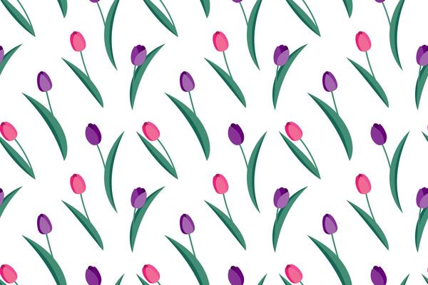 Spring colorful seamless pattern with pink and purple tulips. Flat style. Design for wrapping paper, cards, textile, fabric. illustration