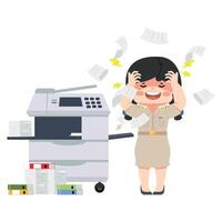 A confused teacher struggles with a broken office multifunction printer and copier vector