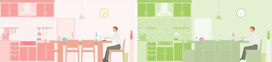 a set of four different colored images of people in the kitchen vector