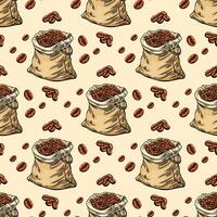 g Engraving, bag of coffee beans, illustration in color and line sketch of seamless pattern vector