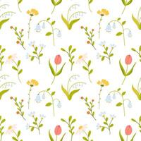 s Colorful floral pattern featuring tulips, lilies, and small wildflowers on a light background creating a vibrant design vector