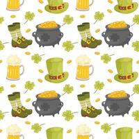 Seamless St. Patricks pattern. Beer, shoes and striped gaiters. On background, wrapping paper, fabric vector