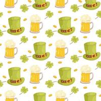 Seamless Patricks pattern. Beer, hat, shoes and striped gaiters. On background, wrapping paper, fabric vector
