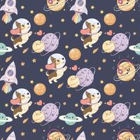 Seamless space pattern, cute space baby pattern. A planet and a rocket and a dog vector