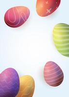 d Easter multicolored eggs realistic 3d, confetti blue. illustration, copy space vector