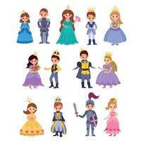 Set of princesses, princes and knights. White background, isolate. vector