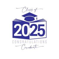 Educational icon for 2025 graduates with open book, creative number and motarboard cap. Blue and white colors. vector