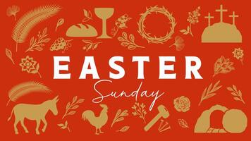 Easter Sunday, creative concept with golden pattern of Holy Week symbols. Good Friday invitation for church with icons of Christian holiday. Illustration of Palm Sunday, Calvary and open tomb vector