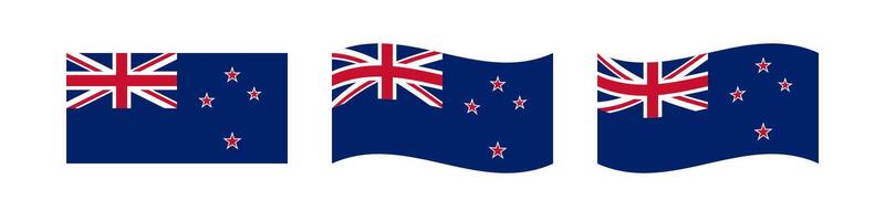 Set of classic and waving flags of New Zealand. Design elements. Clip art collection. Flat and 3D template. Creative NZ flag. Blank concept. Isolated badge or banner. Internet button. Flag icons. vector
