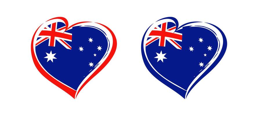 Set of handdrawn style isolated hearts with the flag of Australia. Red and blue brushing stroke, Australian flag background, branding identity creative concept. Sports, tourism or business symbol
