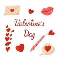 Set of objects for Valentine's Day. Color image of a love letter with a pen, lips and hearts. Declaration of love. vector