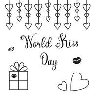 World Kissing Day image in doodle style. Greeting card with the image of lips, boxes with gifts and hearts. vector