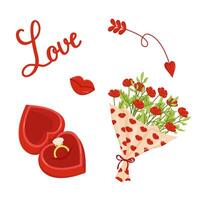 Set of objects for Valentine's Day. Color image of a bouquet of flowers and a ring in a box. Declaration of love. Proposal. vector