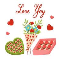 Valentine's Day card. Color image of a bouquet of roses and boxes of chocolates. Declaration of love. vector