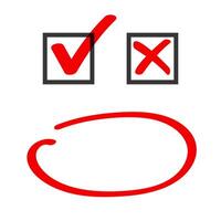 Poll vote check box and marker circle correct choice answer hand drawn icons , yes no check box list ticks doodle red, x close cross and ok checkmark, right wrong, approved declined form element vector