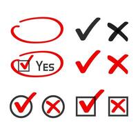 Yes no check box list marker ticks, felt tip pen highlight , handwritten x close cross, ok doodle poll vote checkmark, right wrong drawing, approved declined decision form element, accept deny vector