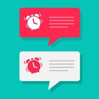 Reminder message notice with alarm clock bubble to wake up , watch timer notification flat icon, text chat alert red white color collection set isolated vector