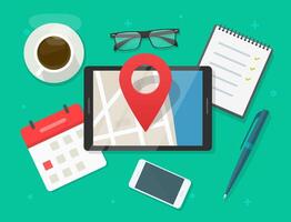 Mobile map navigator with pin pointer marker on city street road on tablet computer screen table desk or position location online technology icon flat cartoon workplace illustration vector