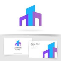 Building construction abstract logo with business card template design, architecture development company logotype concept, geometric city town symbol, idea of real estate agency element modern vector