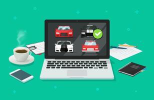 Car auto auction online on computer pc or rental vehicle internet shop comparison with choosing automobiles in office work desk flat, concept of digital store buying screen or web selling vector